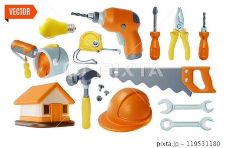 3d House Repair Tools Set Cartoon Design Style Include of Building, Bucket and Paint Roller. Vector illustration 119531180