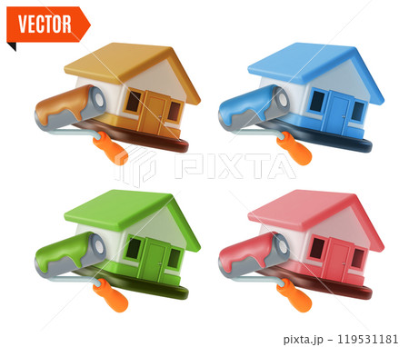 3d Building House and Different Color Paint Roller Set Fix and Repair Concept Cartoon Design Style. Vector illustration 119531181
