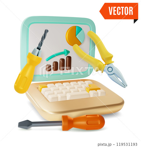 3d Fix and Repair Concept Laptop with Floating Pliers and Screwdriver Cartoon Design Style. Vector illustration 3d Fix and Repair Concept Laptop with Floating Pliers and Screwdriver Cartoon Design Style. Vector illustration 119531193