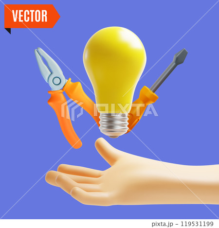 3d Electrical Fix and Repair Concept Human Hand with Floating Light Bulb, Pliers and Screwdriver Cartoon Design Style. Vector illustration 119531199