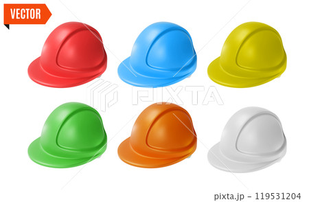 3d Fix and Repair Concept Different Color Builder Helmet Set Cartoon Design Style Isolated on a White Background. Vector illustration 119531204