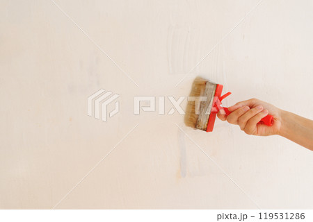 Person is holding brush with glue on background of light wall. apply thick wallpaper glue. Person is holding brush with glue on background of light wall. apply thick wallpaper glue. 119531286