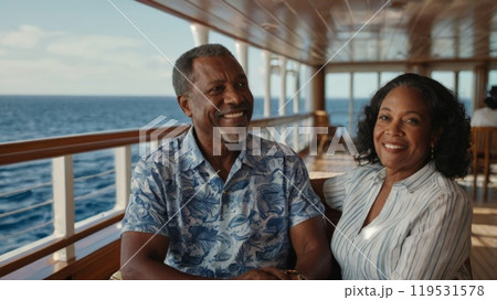 Cheerful elderly black couple enjoying a holiday on a boat at sea 119531578