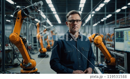 Automation engineer uses tablet for programming robotic arm in factory Automation engineer uses tablet for programming robotic arm in factory 119531588