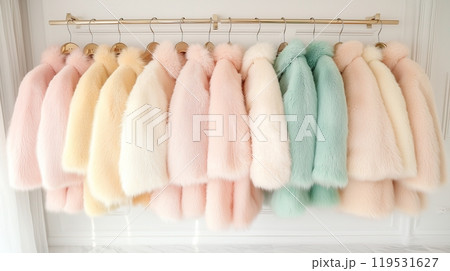 Luxurious pastel faux fur coats hanging on rail in minimalist setting 119531627