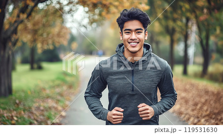 Young Asian man running in park amidst colorful autumn scenery 119531630