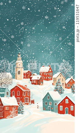 Charming winter village scene with snowy houses and starry night sky 119531647