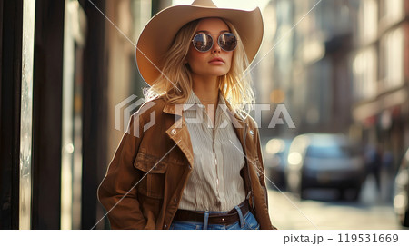 Stylish woman in hat and sunglasses walking through sunlit city street 119531669
