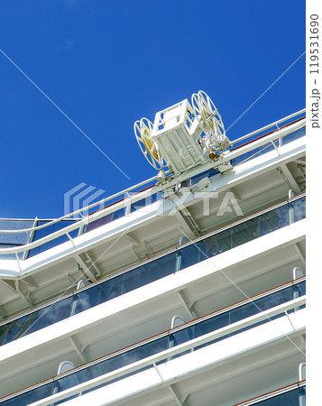 Large modern cruise ship hull and deck cleaning and washing equipment with hose reels 119531690