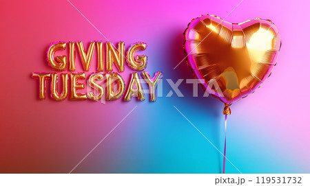 GIVING TUESDAY text with gold heart balloon on gradient background 119531732