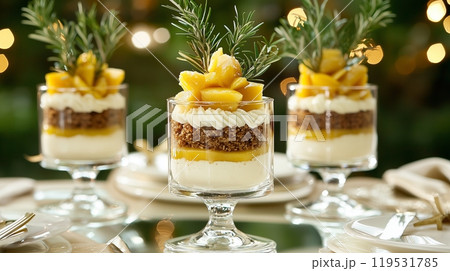 Elegant dessert glass with cream and peaches garnished with rosemary sprigs Elegant dessert glass with cream and peaches garnished with rosemary sprigs 119531785