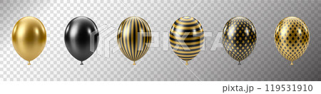 Black Gold balloons set. Luxury realistic balloons. 3D glossy dotted pattern 119531910
