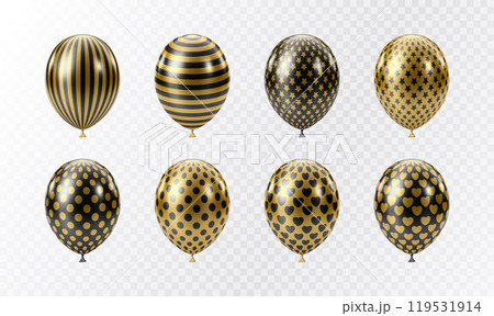 Black Gold balloons set. Luxury realistic balloons. 3D glossy dotted pattern Black Gold balloons set. Luxury realistic balloons. 3D glossy dotted pattern 119531914