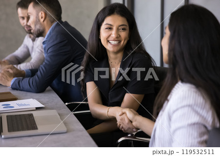 Two cheerful beautiful diverse female business colleagues shaking hands 119532511