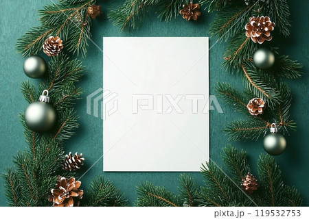 Christmas card flat lay. Modern greeting card mock up with stylish christmas decorations, fir branches, ornaments on green background. Empty postcard template with space for text. Merry Christmas Christmas card flat lay. Modern greeting card mock up with stylish christmas decorations, fir branches, ornaments on green background. Empty postcard template with space for text. Merry Christmas 119532753