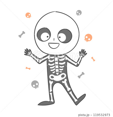 An illustration of a child dressed in a skeleton costume for Halloween. 119532973