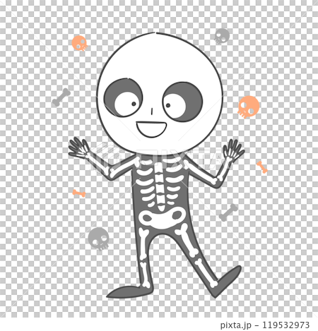 An illustration of a child dressed in a skeleton costume for Halloween. 119532973