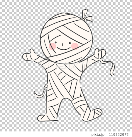 An illustration of a child dressed in a mummy costume for Halloween. An illustration of a child dressed in a mummy costume for Halloween. 119532975