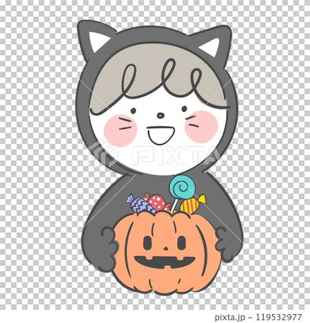 An illustration of a child dressed in a black cat costume for Halloween. 119532977