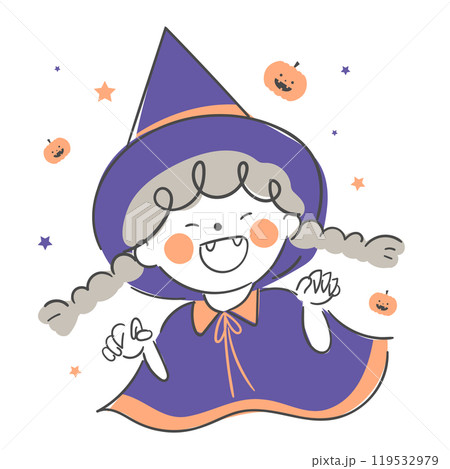 An illustration of a child dressed in a witch costume for Halloween. An illustration of a child dressed in a witch costume for Halloween. 119532979