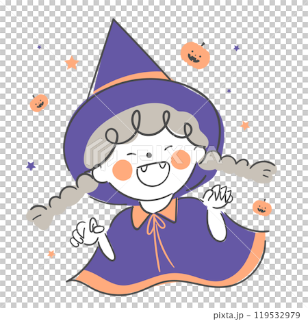 An illustration of a child dressed in a witch costume for Halloween. 119532979