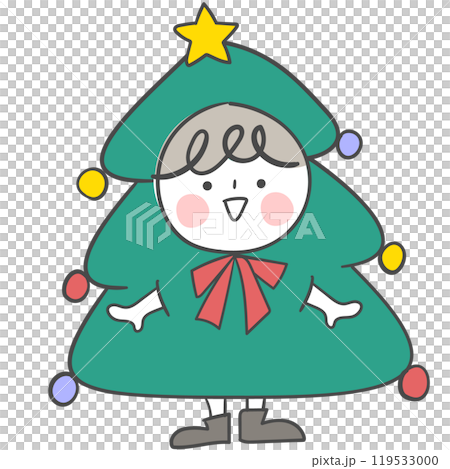 An illustration of a child dressed in a tree costume for Christmas. 119533000