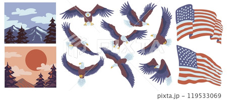 Bald Eagle with American flag, wild bird with national symbol United States of America, mountains and sunset vector set 119533069