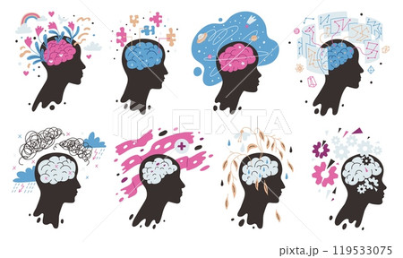 Black silhouette of a head with a brain for Mental Health Day. Flat style on isolated background. 119533075