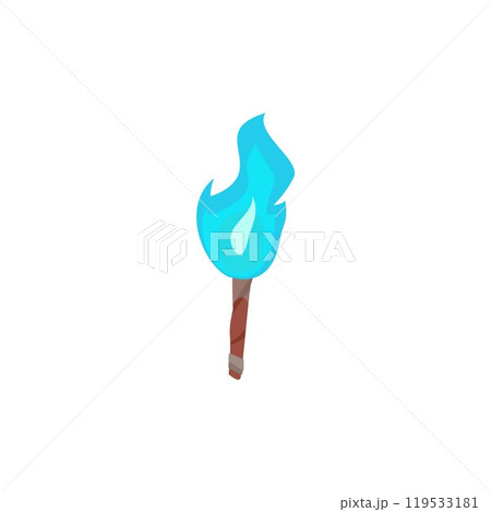 Cartoon torch with burning blue fire flame vector flat icon, portable illuminate on wooden stick, medieval torchlight Cartoon torch with burning blue fire flame vector flat icon, portable illuminate on wooden stick, medieval torchlight 119533181