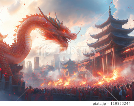 Majestic golden dragon soaring above a traditional Chinese temple during parade. AI Generative 119533244