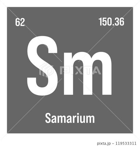 Samarium, Sm, periodic table element with name, symbol, atomic number and weight. Rare earth metal with various industrial uses, such as in magnets, lighting, and as a component in certain types of 119533311