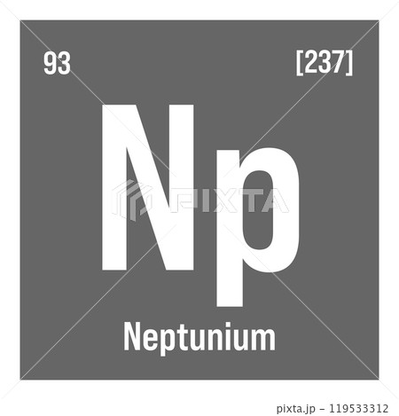 Neptunium, Np, periodic table element with name, symbol, atomic number and weight. Synthetic radioactive element with potential uses in scientific research and nuclear power. 119533312