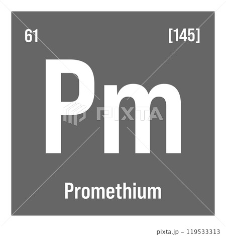 Promethium, Pm, periodic table element with name, symbol, atomic number and weight. Synthetic radioactive element with potential uses in scientific research and nuclear power. Promethium, Pm, periodic table element with name, symbol, atomic number and weight. Synthetic radioactive element with potential uses in scientific research and nuclear power. 119533313