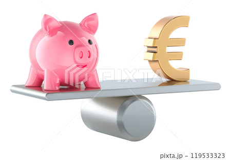 Piggy bank and euro symbol on balance scale. 3D rendering Piggy bank and euro symbol on balance scale. 3D rendering 119533323