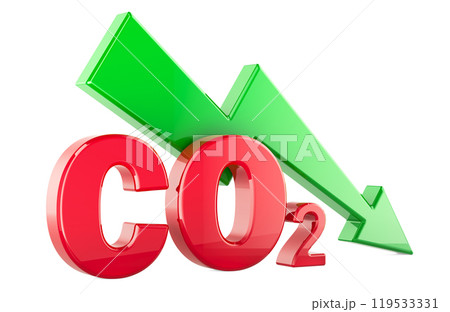 Carbon dioxide reduction, concept. CO2 with arrow falling, 3D rendering Carbon dioxide reduction, concept. CO2 with arrow falling, 3D rendering 119533331