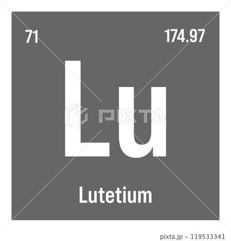 Lutetium, Lu, periodic table element with name, symbol, atomic number and weight. Rare earth metal with various industrial uses, such as in medical imaging, nuclear power, and as a catalyst in certain Lutetium, Lu, periodic table element with name, symbol, atomic number and weight. Rare earth metal with various industrial uses, such as in medical imaging, nuclear power, and as a catalyst in certain 119533341