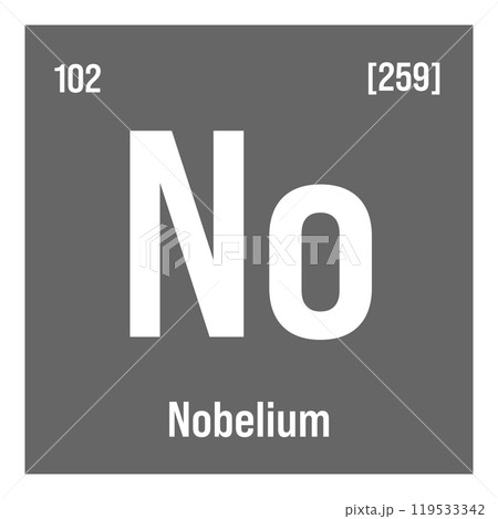 Nobelium, No, periodic table element with name, symbol, atomic number and weight. Synthetic radioactive element with potential uses in scientific research and nuclear power. Nobelium, No, periodic table element with name, symbol, atomic number and weight. Synthetic radioactive element with potential uses in scientific research and nuclear power. 119533342