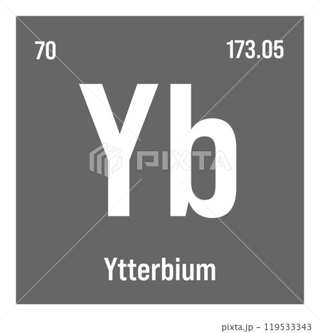 Ytterbium, Yb, periodic table element with name, symbol, atomic number and weight. Rare earth metal with various industrial uses, such as in certain types of medical imaging and as a component in 119533343