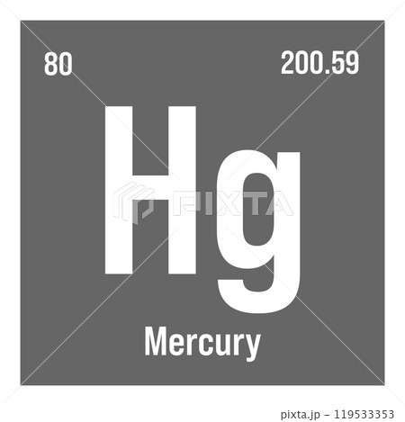 Mercury, Hg, periodic table element with name, symbol, atomic number and weight. Heavy metal with various industrial uses, such as in thermometers, electrical switches, and as a component in certain Mercury, Hg, periodic table element with name, symbol, atomic number and weight. Heavy metal with various industrial uses, such as in thermometers, electrical switches, and as a component in certain 119533353