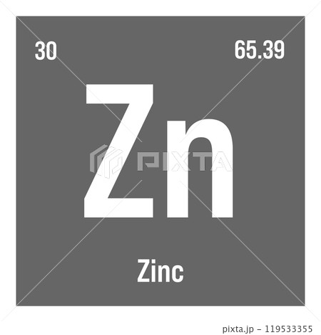 Zinc, Zn, periodic table element with name, symbol, atomic number and weight. Post-transition metal with various industrial uses, such as in certain types of alloys, and as a component in certain Zinc, Zn, periodic table element with name, symbol, atomic number and weight. Post-transition metal with various industrial uses, such as in certain types of alloys, and as a component in certain 119533355