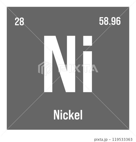 Nickel, Ni, periodic table element with name, symbol, atomic number and weight. Transition metal with various industrial uses, such as in coins, electrical wiring, and as a component of certain alloys Nickel, Ni, periodic table element with name, symbol, atomic number and weight. Transition metal with various industrial uses, such as in coins, electrical wiring, and as a component of certain alloys 119533363