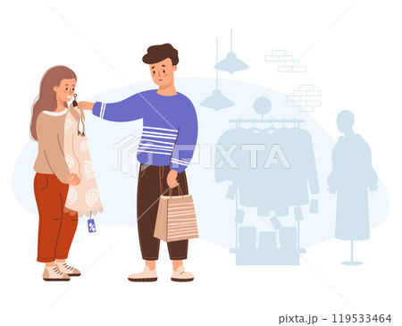 Happy shopping. Couple people buyers in store. Man and girl try on dress at sale. Nearby are clothes on hangers and female mannequin. Vector illustration. Holiday shopper character, purchase concept. Happy shopping. Couple people buyers in store. Man and girl try on dress at sale. Nearby are clothes on hangers and female mannequin. Vector illustration. Holiday shopper character, purchase concept. 119533464