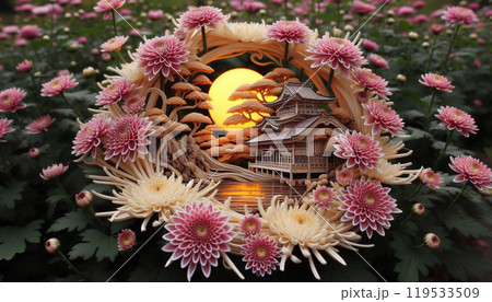 Elegant chrysanthemum wreath as a focal point captures the serene beauty of Japanese garden sculptured   119533509