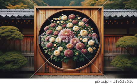 A large chrysanthemum arrangement framed in a wooden circle setting against a traditional Japanese building 119533510