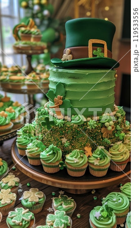 St. Patrick’s Day Dessert Table with Festive Green Cupcakes and Leprechaun Hat Cake St. Patrick’s Day Dessert Table with Festive Green Cupcakes and Leprechaun Hat Cake 119533556