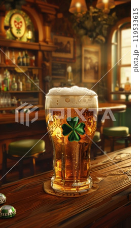 St. Patrick's Day Celebration: Irish Ale and Shamrock Foam in a Cozy Pub Setting 119533615