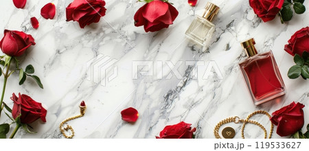Elegant Valentine’s Day Banner with Luxury Perfumes, Gold Necklace, and Red Roses on Marble Surface 119533627