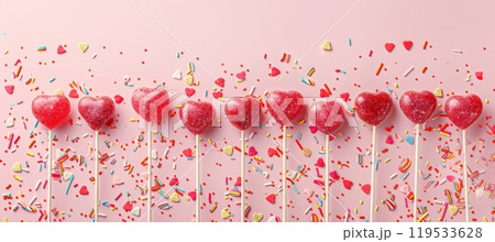 Playful Valentine's Day Banner with Heart-Shaped Lollipops and Colorful Sprinkles on Pastel Background 119533628
