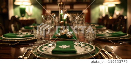 Elegant St. Patrick’s Day Dining Setting with Crystal Glasses and Shamrock Decor in Candlelit Ambiance 119533773
