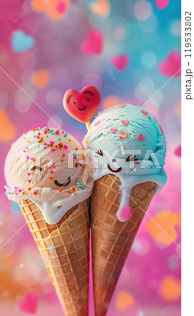 Cute Valentine's Day Greeting Card with Smiling Ice Cream Cones and Heart Sprinkles 119533802